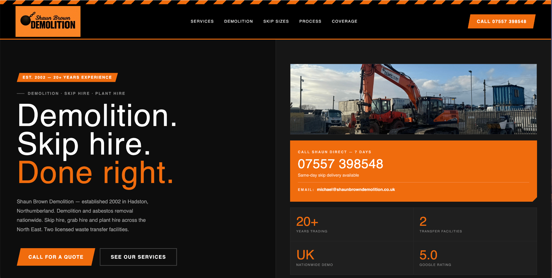 Shaun Brown Demolition website built by Liam Hicks Web Design